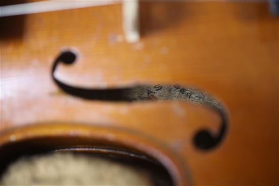 A French violin by Nicolas March with a bow stamped N. Lambert, cased